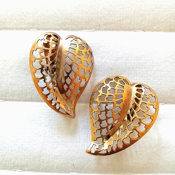 LES BERNARD Vintage Gold Leaf Earrings 80's #Maximalsm - Picture 4 of 6